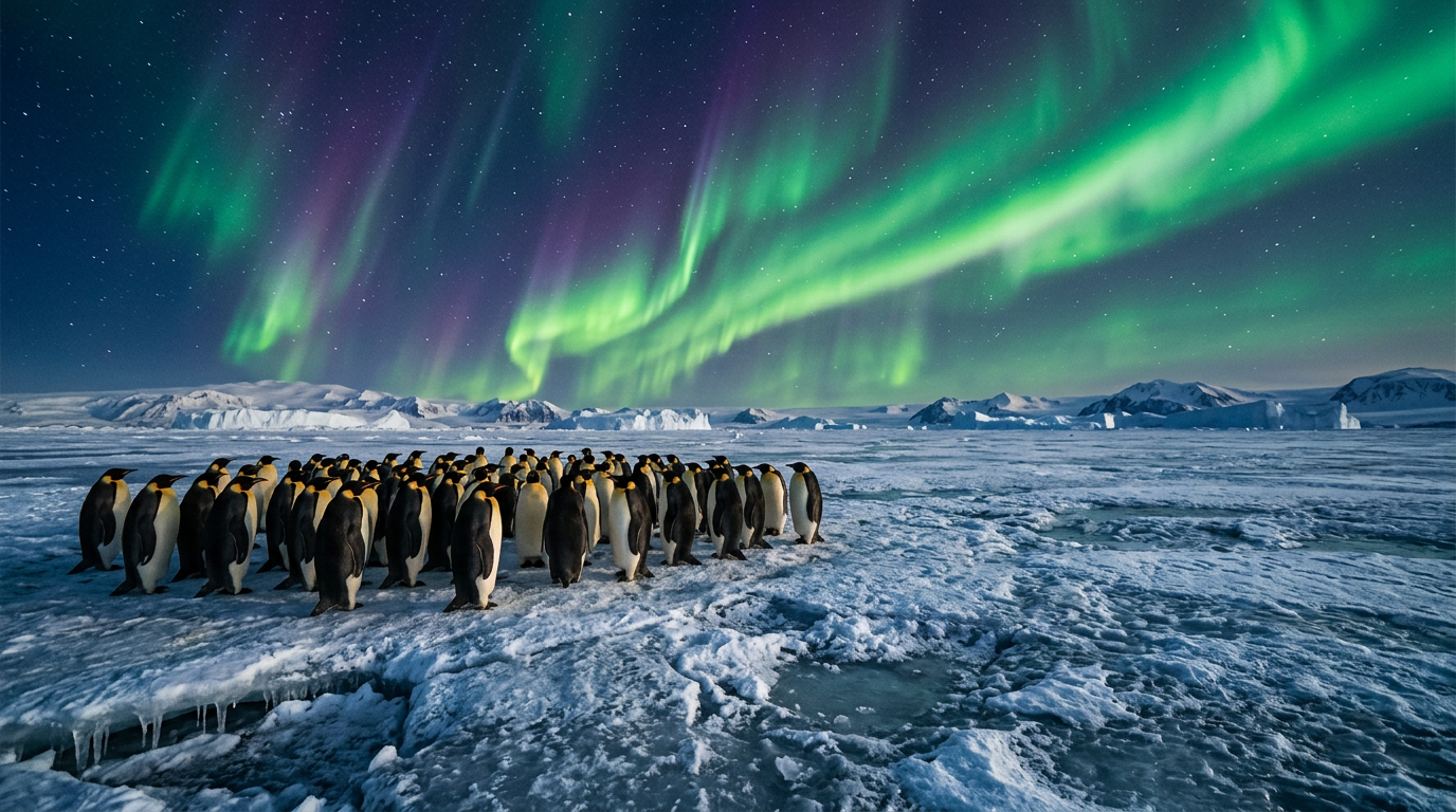 Emperor penguins under the aurora borealis