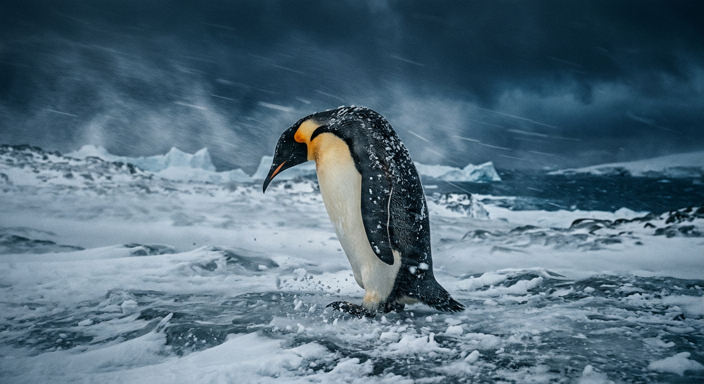 Penguin in snowstorm